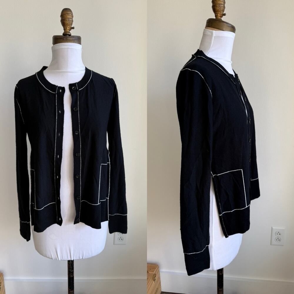 Sonia Rykiel Black Wool Cardigan White Trim Button Down Side Slit Size XS Knit